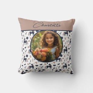 Coussin Enfants Navy Beige Unicorne Photo personnalisée av