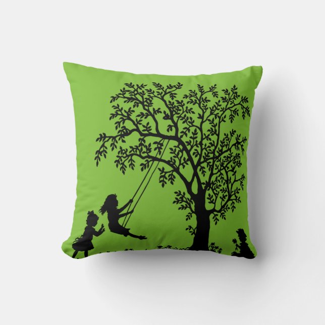 Coussin Enfants noirs d'arbre d'abrégé sur vert jouant le (Recto)