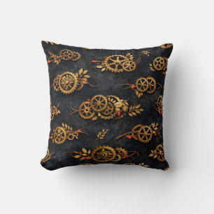 Coussin Engrenages dorés vintage et néon rouge Mythic Cybe
