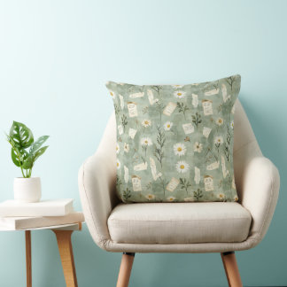 Coussin Éphémère botanique de marguerite verte vintage 