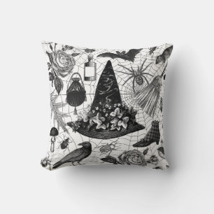 Coussin Ephémère d'Halloween florale sorcière vintage