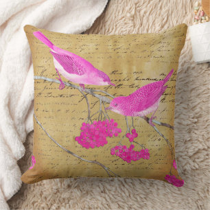 Coussin Ephémère rose et or Oiseaux Vintages et lettre