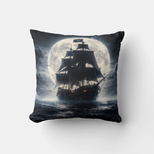 Coussin Epic Pirate Ship Moon Throw Pillow – Dark Ocean Pi (Recto)