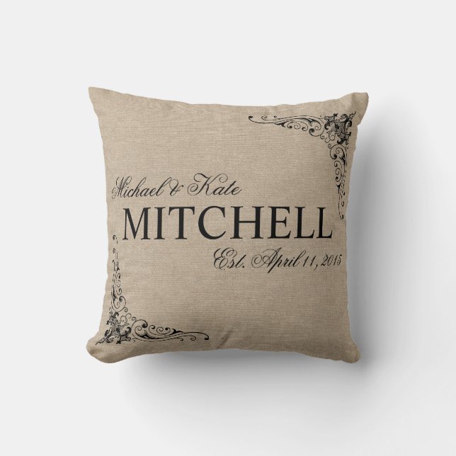 Coussin Épouser rustique de noms de toile de jute de toile (Recto)