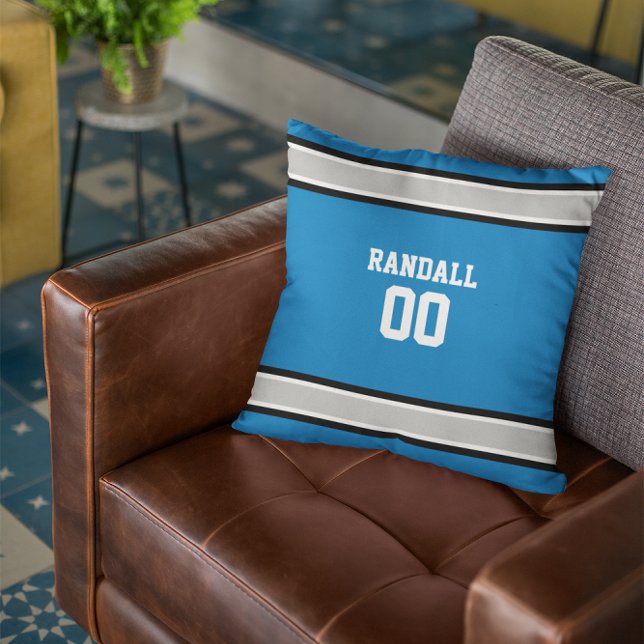 Coussin Équipe de football Bleu, Argent, Noir et Blanc Per (Créateur téléchargé)