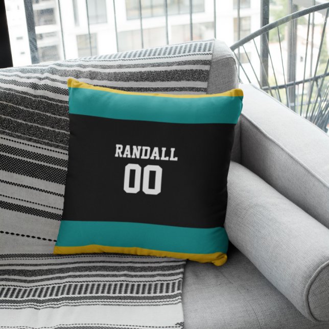 Coussin Équipe de football Noir, Turquoise et Or Personnal (Créateur téléchargé)
