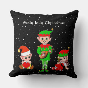 Coussin Équipe de lutins de Noël moderne sur fond noir
