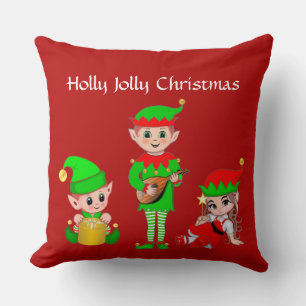 Coussin Équipe de lutins de Noël moderne sur fond rouge