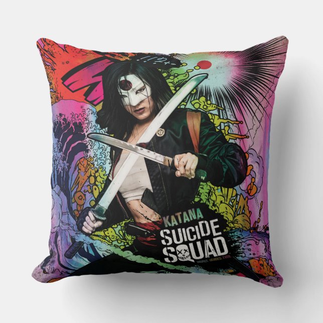 Coussin Équipe de suicide | Graffiti de caractères Katana (Recto)