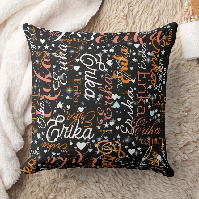 Coussin Erika Nom personnalisé, Coeurs mignons et étoiles  (Couverture)