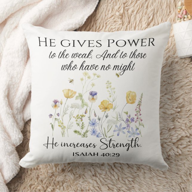 Coussin Ésaïe 40:29 Il donne le pouvoir Écriture Fleur sau (Couverture)