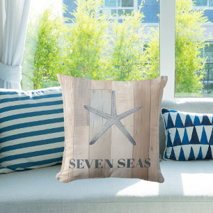 Coussin Estarfish bleu rustique beige driftwood texte côti