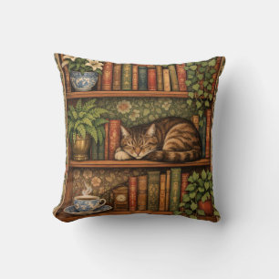 Coussin Étagère à livres vintage avec chat et café