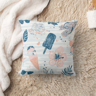 Coussin Été Plage Tropical Bleu Corail Rayé