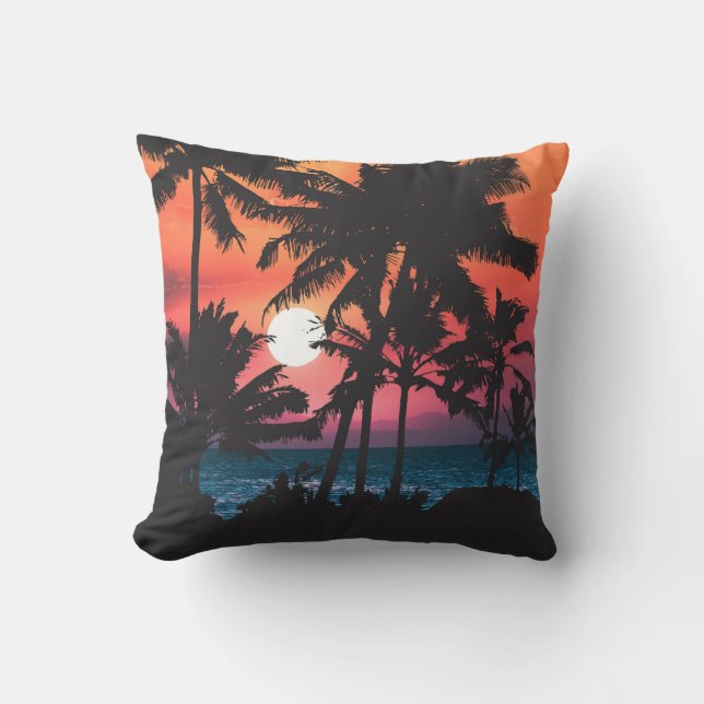 Coussin Été Tropical Pink Orange Palm Trees coucher du sol (Recto)