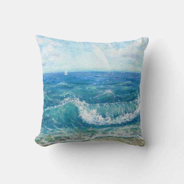 Coussin Eté, vagues bleues, peinture acrylique. (Recto)