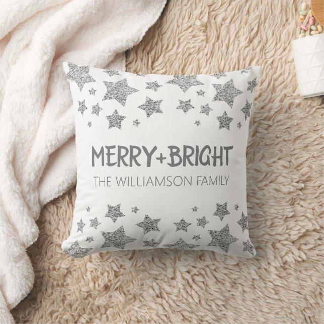 Coussin Étincelle étoile Joyeux Noël brillant blanc argent (Couverture)