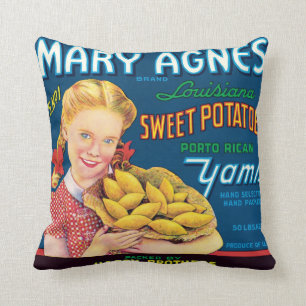 Coussin Étiquette vintage de patates douces de Mary Agnè