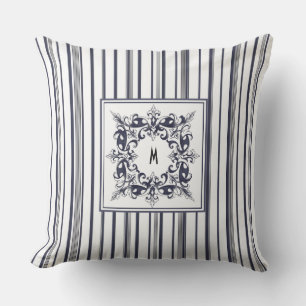 Coussin Étiquette Vintage et monogramme de la bande bleue 