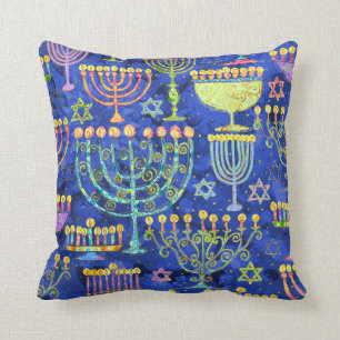 Coussin Étoile de David Hanoukka de la Ménorah d'or bleu c