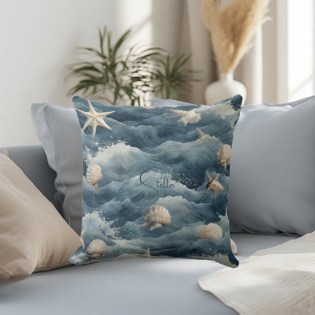 Coussin Étoile de mer coquillage marin vague océanique côt (Marine Shell Starfish Ocean Wave Coast Beach House Throw Pillow
)