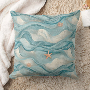 Coussin Étoile de mer côtière sur motif de vagues de sable