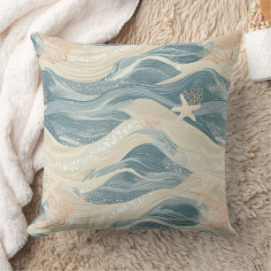 Coussin Étoile de mer côtière sur motif de vagues de sable