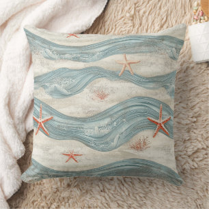 Coussin Étoile de mer côtière sur motif de vagues de sable