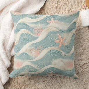 Coussin Étoile de mer côtière sur motif de vagues de sable