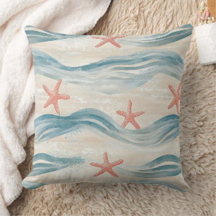 Coussin Étoile de mer côtière sur motif de vagues de sable