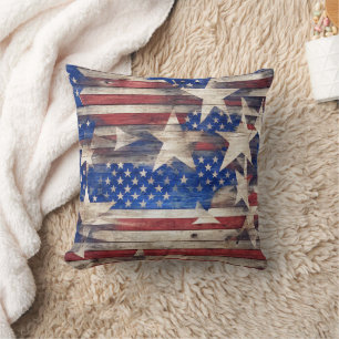 Coussin Étoiles et Bandes en Bois Rustique