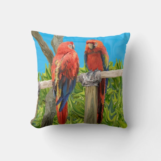 Coussin Être perché de perroquets d'ara d'écarlate (Recto)
