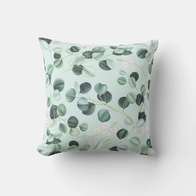 Coussin Eucalyptus Bliss : Motif d'aquarelle turquoise. (Recto)