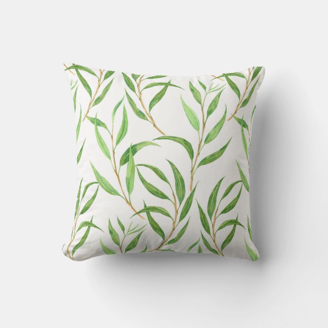 Coussin Eucalyptus motif aquarelle sur blanc (Recto)