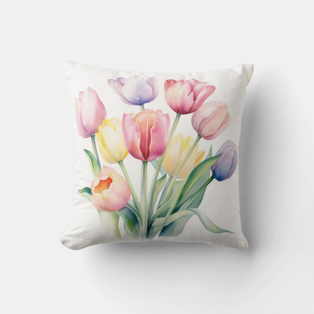 Coussin Éveil du printemps - Tulipes d'aquarelle (Recto)