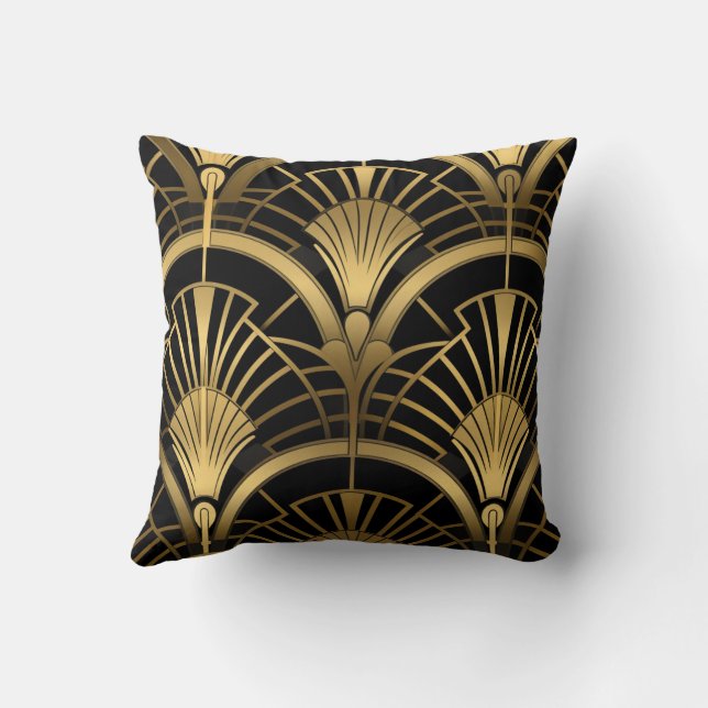 Coussin Éventails Gatsby - Noir et Or Art Déco (Verso)