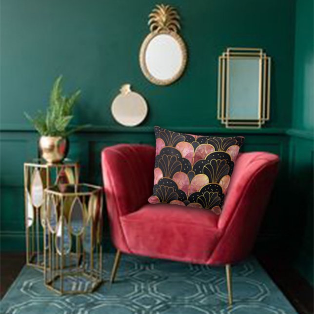 Coussin Éventails stylisés Art Déco en noir et rose (Créateur téléchargé)