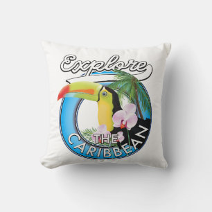 Coussin Explorez le patch de voyage des Caraïbes. Bouton