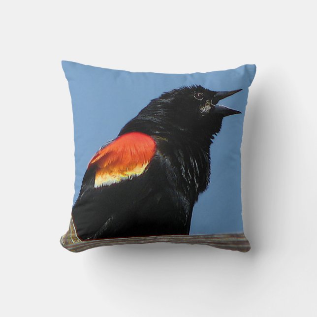 Coussin extérieur à ailes rouges d'oiseaux noirs (Recto)