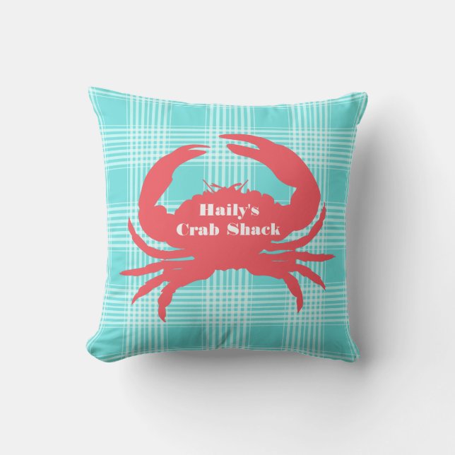 Coussin extérieur Aqua Plaid et Coral Crab (Recto)