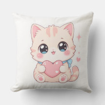 Coussin Extérieur Chat Pastel Mignon Cœur Rose