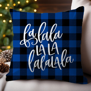Coussin Fa La La La La Noël Plaid Buffalo Bleu