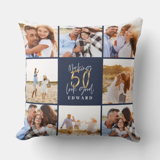 Coussin Faire 50 look beau bleu or photo anniversaire (Recto)