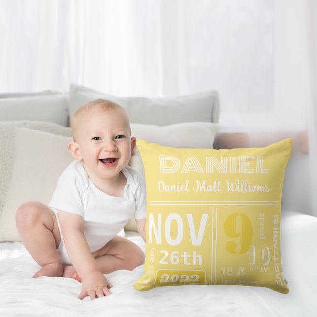 Coussin Faire-part de naissance jaune citron personnalisé (Créateur téléchargé)