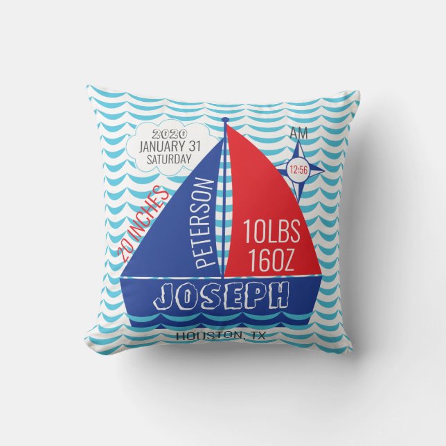 Coussin Faire-part de naissance-Nautical Baby Stats (Recto)