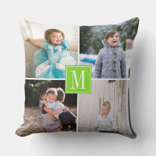 Coussin Faites votre propre photo collage, monogramme vert