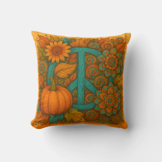 Coussin Fall Peace Sign Pumpkins Turquoise & Orange Pillow