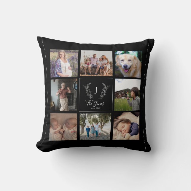 Coussin Famille 8 photo collage monogramme nom élégant noi (Recto)