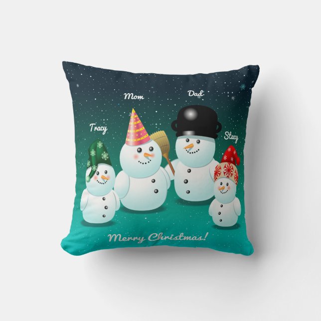 Coussin Famille des bonhommes de neige avec des noms (Recto)