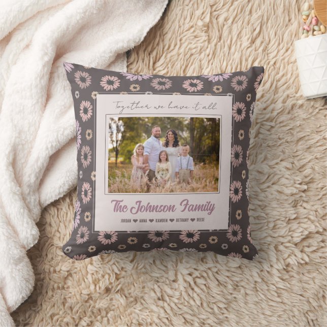 Coussin Famille personnalisée 1 photo Floral Nom moderne (Couverture)